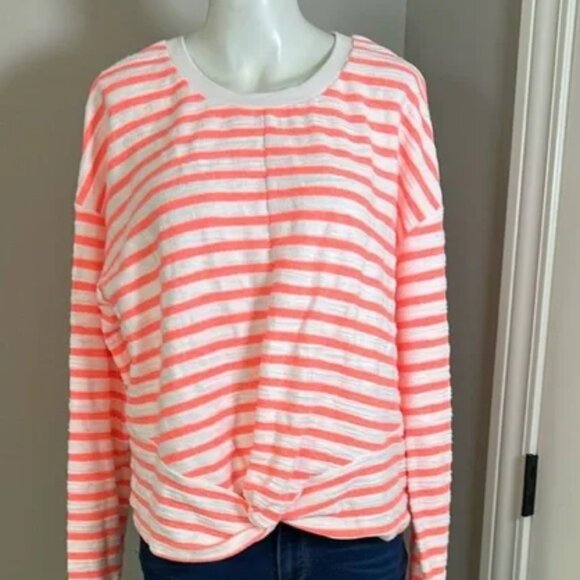 Evereve Noah Stripe Sweatshirt Neon Coral White Stripe Size Small Like New - Picture 1 of 3